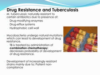 Drug Resistance and Tuberculosis
- M. tuberculosis: naturally resistant to
certain antibiotics due to presence of:
- Drug-modifying enzymes
- Drug-efflux systems
- Hydrophobic cell wall
- Mycobacteria undergo natural mutations
which can lead to development of drug
resistance.
- TB is treated by administration of
combination chemotherapy:
decreases probability of development
of drug resistance.
- Development of increasingly resistant
strains mainly due to: Patient non-
compliance
 