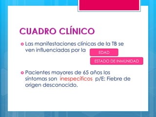  Las manifestaciones clínicas de la TB se
ven influenciadas por la
 Pacientes mayores de 65 años los
síntomas son inespecíficos p/E: Fiebre de
origen desconocido.
EDAD
ESTADO DE INMUNIDAD
 