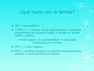 ¿Qué hacer con la familia?
 PPD + interrogatorio
  PPD (+)  estudio clínico epidemiológico  síntomas
respiratorios (de cualquier índole)  prueba de esputo
(BAAR y cultivo)
 todo negativo  quimioprofilaxis  Isoniacida
5mg/kg/dia por 6 meses
 PPD (-) y todo negativo
 PPD (-) contacto estrecho con paciente con baciloscopia
positivo  quimioprofilaxis (2 meses)
 