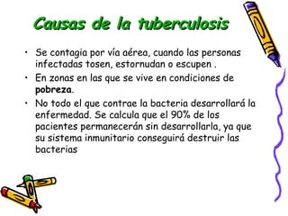 CCaauussaass ddee llaa ttuubbeerrccuulloossiiss 
• Se contagia por vía aérea, cuando las personas 
infectadas tosen, estornudan o escupen . 
• En zonas en las que se vive en condiciones de 
pobreza. 
• No todo el que contrae la bacteria desarrollará la 
enfermedad. Se calcula que el 90% de los 
pacientes permanecerán sin desarrollarla, ya que 
su sistema inmunitario conseguirá destruir las 
bacterias 
 