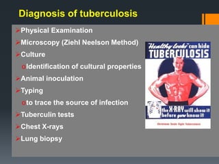Diagnosis of tuberculosis
Physical Examination
Microscopy (Ziehl Neelson Method)
Culture
oIdentification of cultural properties
Animal inoculation
Typing
oto trace the source of infection
Tuberculin tests
Chest X-rays
Lung biopsy
 