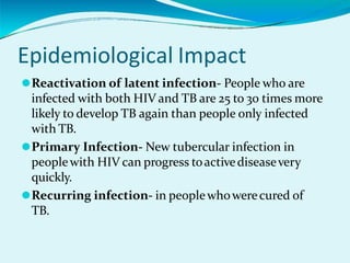 Epidemiological Impact
⚫Reactivation of latent infection- People who are
infected with both HIV and TB are 25 to 30 times more
likely to develop TB again than people only infected
with TB.
⚫Primary Infection- New tubercular infection in
peoplewith HIV can progress toactivediseasevery
quickly.
⚫Recurring infection- in peoplewhowerecured of
TB.
 