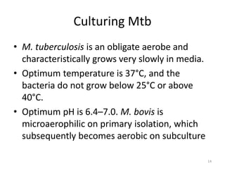 Culturing Mtb
• M. tuberculosis is an obligate aerobe and
characteristically grows very slowly in media.
• Optimum temperature is 37°C, and the
bacteria do not grow below 25°C or above
40°C.
• Optimum pH is 6.4–7.0. M. bovis is
microaerophilic on primary isolation, which
subsequently becomes aerobic on subculture
14
 