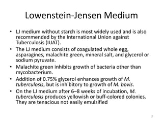 Lowenstein-Jensen Medium
• LJ medium without starch is most widely used and is also
recommended by the International Union against
Tuberculosis (IUAT).
• The LJ medium consists of coagulated whole egg,
asparagines, malachite green, mineral salt, and glycerol or
sodium pyruvate.
• Malachite green inhibits growth of bacteria other than
mycobacterium.
• Addition of 0.75% glycerol enhances growth of M.
tuberculosis, but is inhibitory to growth of M. bovis.
• On the LJ medium after 6–8 weeks of incubation, M.
tuberculosis produces yellowish or buff-colored colonies.
They are tenacious not easily emulsified
17
 