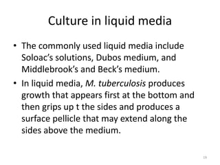 Culture in liquid media
• The commonly used liquid media include
Soloac’s solutions, Dubos medium, and
Middlebrook’s and Beck’s medium.
• In liquid media, M. tuberculosis produces
growth that appears first at the bottom and
then grips up t the sides and produces a
surface pellicle that may extend along the
sides above the medium.
19
 