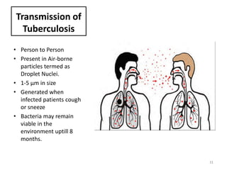 Transmission of
Tuberculosis
• Person to Person
• Present in Air-borne
particles termed as
Droplet Nuclei.
• 1-5 µm in size
• Generated when
infected patients cough
or sneeze
• Bacteria may remain
viable in the
environment uptill 8
months.
31
 