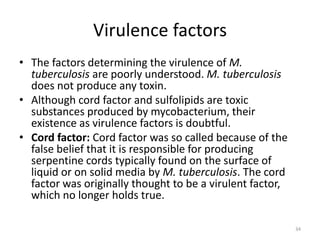 Virulence factors
• The factors determining the virulence of M.
tuberculosis are poorly understood. M. tuberculosis
does not produce any toxin.
• Although cord factor and sulfolipids are toxic
substances produced by mycobacterium, their
existence as virulence factors is doubtful.
• Cord factor: Cord factor was so called because of the
false belief that it is responsible for producing
serpentine cords typically found on the surface of
liquid or on solid media by M. tuberculosis. The cord
factor was originally thought to be a virulent factor,
which no longer holds true.
34
 