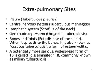 Extra-pulmonary Sites
• Pleura (Tuberculous pleurisy)
• Central nervous system (Tuberculous meningitis)
• Lymphatic system (Scrofula of the neck)
• Genitourinary system (Urogenital tuberculosis)
• Bones and joints (Pott disease of the spine).
When it spreads to the bones, it is also known as
"osseous tuberculosis“, a form of osteomyelitis.
• A potentially more serious, widespread form of
TB is called "disseminated" TB, commonly known
as miliary tuberculosis.
4
 