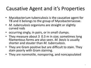 Causative Agent and it’s Properties
• Mycobacterium tuberculosis is the causative agent for
TB and it belongs to the group of Mycobacteriaceae.
• M. tuberculosis organisms are straight or slightly
curved rods
• occurring singly, in pairs, or in small clumps.
• They measure about 3 0.3 m in size; sometimes long
filamentous forms are also seen. M. bovis is usually
shorter and stouter than M. tuberculosis.
• They are Gram positive but are difficult to stain. They
stain poorly with Gram staining.
• They are nonmotile, nonsporing, and noncapsulated
7
 