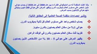 •‫عام‬ ‫بين‬ ‫ما‬ ‫الفترة‬ ‫في‬ ‫المتوقع‬ ‫من‬ ‫أنه‬ ‫المنظمة‬ ‫أعلنت‬ ‫وقد‬2000‫عام‬ ‫إلى‬2020‫حوالي‬ ‫يصاب‬ ‫أن‬
‫حوالي‬ ‫على‬ ‫المرض‬ ‫ويظهر‬ ‫الدرن‬ ‫بميكروب‬ ‫العالم‬ ‫مستوى‬ ‫على‬ ‫شخص‬ ‫مليار‬200‫ويتوفى‬ ‫مليون‬
‫حوالي‬ ‫منهم‬35.‫المرض‬ ‫بسبب‬ ‫مليون‬
‫و‬:‫التالية‬ ‫الحقائق‬ ‫إلى‬ ‫العالمية‬ ‫الصحة‬ ‫منظمة‬ ‫إحصاءات‬ ‫تشير‬
‫الدرن‬ ‫بميكروب‬ ‫ثانية‬ ‫كل‬ ‫العالم‬ ‫مستوى‬ ‫على‬ ‫واحد‬ ‫شخص‬ ‫يصاب‬.
‫حوالي‬1‫سنويا‬ ‫بالدرن‬ ‫يصابون‬ ‫العالم‬ ‫سكان‬ ‫من‬ %.
‫الراهن‬ ‫الوقت‬ ‫في‬ ‫بالدرن‬ ‫مصابون‬ ‫العالم‬ ‫سكان‬ ‫ثلث‬ ‫تقريبا‬.
‫حواللي‬ ‫عللى‬ ‫المرض‬ ‫يظهلر‬5–10‫يصابون‬ ‫الذيلن‬ ‫الشخاص‬ ‫ملن‬ %
.‫الدرن‬ ‫بميكروب‬
 