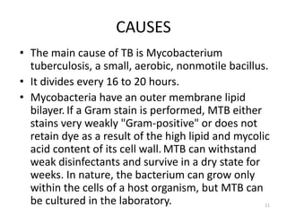 CAUSES
• The main cause of TB is Mycobacterium
tuberculosis, a small, aerobic, nonmotile bacillus.
• It divides every 16 to 20 hours.
• Mycobacteria have an outer membrane lipid
bilayer. If a Gram stain is performed, MTB either
stains very weakly "Gram-positive" or does not
retain dye as a result of the high lipid and mycolic
acid content of its cell wall. MTB can withstand
weak disinfectants and survive in a dry state for
weeks. In nature, the bacterium can grow only
within the cells of a host organism, but MTB can
be cultured in the laboratory. 11
 