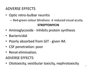 ADVERSE EFFECTS
• Optic retro-bulbar neuritis
– Red-green colour blindness → reduced visual acuity.
STREPTOMYCIN
• Aminoglycoside - Inhibits protein synthesis
• Bactericidal
• Poorly absorbed from GIT - given IM.
• CSF penetration: poor
• Renal elimination.
ADVERSE EFFECTS
• Ototoxicity, vestibular toxicity, nephrotoxicity 37
 