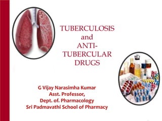TUBERCULOSIS
and
ANTI-
TUBERCULAR
DRUGS
G Vijay Narasimha Kumar
Asst. Professor,
Dept. of. Pharmacology
Sri Padmavathi School of Pharmacy
 
