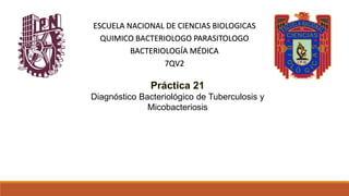 ESCUELA NACIONAL DE CIENCIAS BIOLOGICAS
QUIMICO BACTERIOLOGO PARASITOLOGO
BACTERIOLOGÍA MÉDICA
7QV2
Diagnóstico Bacteriológico de Tuberculosis y
Micobacteriosis
 