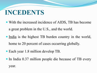 INCEDENTS
 With the increased incidence of AIDS, TB has become
a great problem in the U.S., and the world.
 India is the highest TB burden country in the world,
home to 20 percent of cases occurring globally.
 Each year 1.8 million develop TB.
 In India 0.37 million people die because of TB every
year.
 