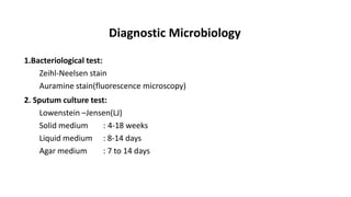 1.Bacteriological test:
Zeihl-Neelsen stain
Auramine stain(fluorescence microscopy)
2. Sputum culture test:
Lowenstein –Jensen(LJ)
Solid medium : 4-18 weeks
Liquid medium : 8-14 days
Agar medium : 7 to 14 days
Diagnostic Microbiology
 