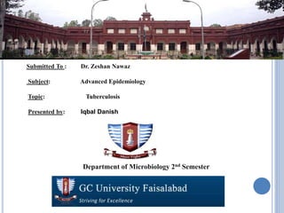 Submitted To : Dr. Zeshan Nawaz
Subject: Advanced Epidemiology
Topic: Tuberculosis
Presented by: Iqbal Danish
Department of Microbiology 2nd Semester
 