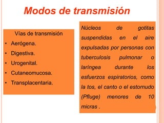 Núcleos de gotitas
suspendidas en el aire
expulsadas por personas con
tuberculosis pulmonar o
laríngea durante los
esfuerzos espiratorios, como
la tos, el canto o el estornudo
(Pfluge) menores de 10
micras .
Vías de transmisión
• Aerógena.
• Digestiva.
• Urogenital.
• Cutaneomucosa.
• Transplacentaria.
Modos de transmisión
 
