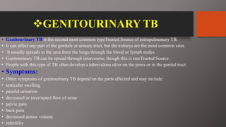 GENITOURINARY TB
• Genitourinary TB is the second most common typeTrusted Source of extrapulmonary TB.
• It can affect any part of the genitals or urinary tract, but the kidneys are the most common sites.
• It usually spreads to the area from the lungs through the blood or lymph nodes.
• Genitourinary TB can be spread through intercourse, though this is rareTrusted Source.
• People with this type of TB often develop a tuberculous ulcer on the penis or in the genital tract.
• Symptoms:
• Other symptoms of genitourinary TB depend on the parts affected and may include:
• testicular swelling
• painful urination
• decreased or interrupted flow of urine
• pelvic pain
• back pain
• decreased semen volume
• infertility
 