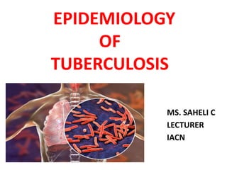 EPIDEMIOLOGY
OF
TUBERCULOSIS
MS. SAHELI C
LECTURER
IACN
 