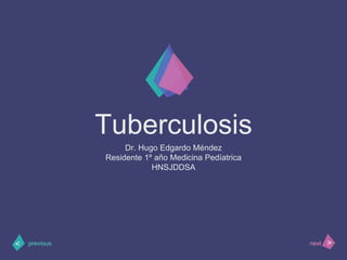 >
< next
previous
Tuberculosis
Dr. Hugo Edgardo Méndez
Residente 1º año Medicina Pedíatrica
HNSJDDSA
 