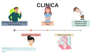 CLINICA
Tos con sangre o esputo.
Debilidad o fatiga
Pérdida de peso
Falta de apetito
Tos intensa que dura >3 semanas.
Dolor en el pecho
Sudores nocturnos
Escalofríos
Fiebre
 