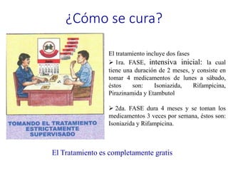 ¿Cómo se cura?
El tratamiento incluye dos fases
 1ra. FASE, intensiva inicial: la cual
tiene una duración de 2 meses, y consiste en
tomar 4 medicamentos de lunes a sábado,
éstos son: Isoniazida, Rifampicina,
Pirazinamida y Etambutol
 2da. FASE dura 4 meses y se toman los
medicamentos 3 veces por semana, éstos son:
Isoniazida y Rifampicina.
El Tratamiento es completamente gratis
 