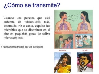 ¿Cómo se transmite?
• Fundamentalmente por vía aerógena
Cuando una persona que está
enferma de tuberculosis tose,
estornuda, ríe o canta, expulsa los
microbios que se diseminan en el
aire en pequeñas gotas de saliva
microscópicas.
Al cantar Al reír
 