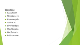 Second Line
 Kanamycin
 Streptomycin
 Capreomycin
 Amikacin
 Levofloxacin
 Moxifloxacin
 Gatifloxacin
 Ethionamide
 