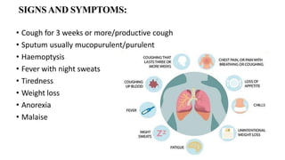 SIGNSAND SYMPTOMS:
• Cough for 3 weeks or more/productive cough
• Sputum usually mucopurulent/purulent
• Haemoptysis
• Fever with night sweats
• Tiredness
• Weight loss
• Anorexia
• Malaise
 