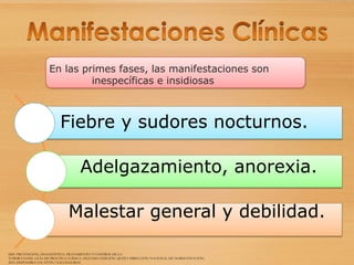 Fiebre y sudores nocturnos.
Adelgazamiento, anorexia.
Malestar general y debilidad.
En las primes fases, las manifestaciones son
inespecíficas e insidiosas
MSP. PREVENCIÓN, DIAGNÓSTICO, TRATAMIENTO Y CONTROL DE LA
TUBERCULOSIS. GUÍA DE PRÁCTICA CLÍNICA. SEGUNDA EDICIÓN. QUITO. DIRECCIÓN NACIONAL DE NORMATIZACIÓN;
2018. DISPONIBLE EN: HTTP://SALUD.GOB.EC
 