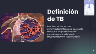Definición
de TB
La tuberculosis es una
enfermedad infecciosa que suele
afectar a los pulmones y es
causada por una bacteria
(Mycobacterium tuberculosis).
5
 