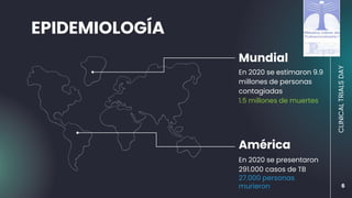 EPIDEMIOLOGÍA
6
En 2020 se estimaron 9.9
millones de personas
contagiadas
1.5 millones de muertes
Mundial
En 2020 se presentaron
291.000 casos de TB
27.000 personas
murieron
América
CLINICAL
TRIALS
DAY
 