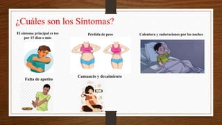 ¿Cuáles son los Síntomas?
Pérdida de peso
El síntoma principal es tos
por 15 días o más
Calentura y sudoraciones por las noches
Falta de apetito
Cansancio y decaimiento
 