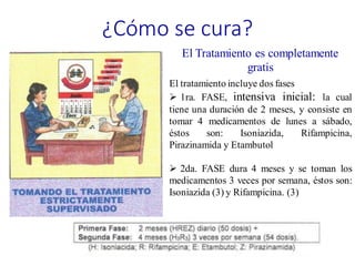 ¿Cómo se cura?
El tratamiento incluye dos fases
➢ 1ra. FASE, intensiva inicial: la cual
tiene una duración de 2 meses, y consiste en
tomar 4 medicamentos de lunes a sábado,
éstos son: Isoniazida, Rifampicina,
Pirazinamida y Etambutol
➢ 2da. FASE dura 4 meses y se toman los
medicamentos 3 veces por semana, éstos son:
Isoniazida (3) y Rifampicina. (3)
El Tratamiento es completamente
gratis
 