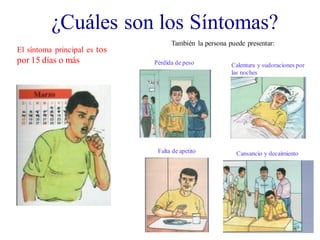 El síntoma principal es tos
por 15 días o más
¿Cuáles son los Síntomas?
También la persona puede presentar:
Calentura y sudoraciones por
las noches
Cansancio y decaimiento
Falta de apetito
Pérdida de peso
 