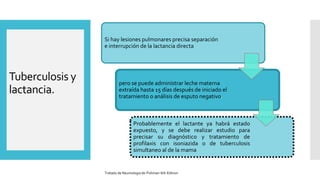 Tuberculosis y
lactancia.
Si hay lesiones pulmonares precisa separación
e interrupción de la lactancia directa
pero se puede administrar leche materna
extraída hasta 15 días después de iniciado el
tratamiento o análisis de esputo negativo.
Probablemente el lactante ya habrá estado
expuesto, y se debe realizar estudio para
precisar su diagnóstico y tratamiento de
profilaxis con isoniazida o de tuberculosis
simultaneo al de la mama
Tratado de Neumologia de-Fishman-6th-Edition
 