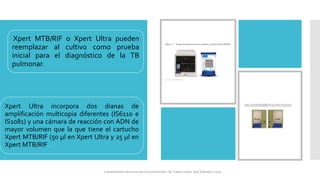 Xpert MTB/RIF o Xpert Ultra pueden
reemplazar al cultivo como prueba
inicial para el diagnóstico de la TB
pulmonar.
Xpert Ultra incorpora dos dianas de
amplificación multicopia diferentes (IS6110 e
IS1081) y una cámara de reacción con ADN de
mayor volumen que la que tiene el cartucho
Xpert MTB/RIF (50 µl en Xpert Ultra y 25 µl en
Xpert MTB/RIF .
Lineamientos técnicos para la prevención de Tuberculosis. San Salvador 2024
 