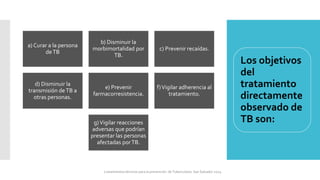 Los objetivos
del
tratamiento
directamente
observado de
TB son:
a) Curar a la persona
deTB
b) Disminuir la
morbimortalidad por
TB.
c) Prevenir recaídas.
d) Disminuir la
transmisión deTB a
otras personas.
e) Prevenir
farmacorresistencia.
f)Vigilar adherencia al
tratamiento.
g)Vigilar reacciones
adversas que podrían
presentar las personas
afectadas porTB.
Lineamientos técnicos para la prevención de Tuberculosis. San Salvador 2024
 