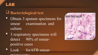LAB
 Bacteriological test
 Obtain 3 sputum specimens for
smear examination and
culture
 3 respiratory specimens will
detect 90% of smear-
positive cases
 Look forAFB smear-
 