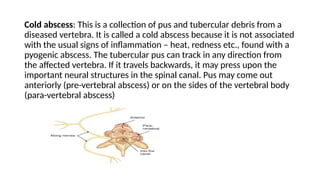 Cold abscess: This is a collection of pus and tubercular debris from a
diseased vertebra. It is called a cold abscess because it is not associated
with the usual signs of inflammation – heat, redness etc., found with a
pyogenic abscess. The tubercular pus can track in any direction from
the affected vertebra. If it travels backwards, it may press upon the
important neural structures in the spinal canal. Pus may come out
anteriorly (pre-vertebral abscess) or on the sides of the vertebral body
(para-vertebral abscess)
 