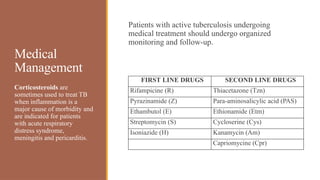 Medical
Management
Patients with active tuberculosis undergoing
medical treatment should undergo organized
monitoring and follow-up.
Corticosteroids are
sometimes used to treat TB
when inflammation is a
major cause of morbidity and
are indicated for patients
with acute respiratory
distress syndrome,
meningitis and pericarditis.
FIRST LINE DRUGS SECOND LINE DRUGS
Rifampicine (R) Thiacetazone (Tzn)
Pyrazinamide (Z) Para-aminosalicylic acid (PAS)
Ethambutol (E) Ethionamide (Etm)
Streptomycin (S) Cycloserine (Cys)
Isoniazide (H) Kanamycin (Am)
Capriomycine (Cpr)
 