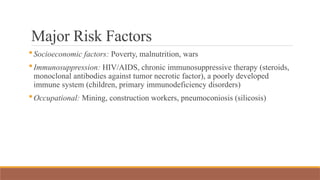 Major Risk Factors
Socioeconomic factors: Poverty, malnutrition, wars
Immunosuppression: HIV/AIDS, chronic immunosuppressive therapy (steroids,
monoclonal antibodies against tumor necrotic factor), a poorly developed
immune system (children, primary immunodeficiency disorders)
Occupational: Mining, construction workers, pneumoconiosis (silicosis)
 