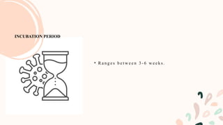 • R a n g e s b e t w e e n 3 - 6 w e e k s .
INCUBATION PERIOD
 