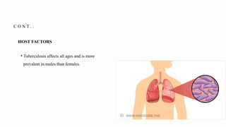 C O N T . .
• Tuberculosis affects all ages and is more
prevalent in males than females.
HOST FACTORS
 