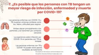 Las personas enfermas con COVID-19 y
TB muestran síntomas similares como
tos, fiebre y dificultad para respirar.
7. ¿Es posible que las personas con TB tengan un
mayor riesgo de infección, enfermedad y muerte
por COVID-19?
Ambas atacan principalmente a los
pulmones y se transmiten por contactos
cercanos
La experiencia sobre infección por
COVID-19 en pacientes con TB es
limitada
Las personas enfermas con TB y
COVID-19 pueden tener peores
resultados de tratamiento
Descargado por Sofia Vasquez (sofichaname@gmail.com)
Encuentra más documentos en www.udocz.com
 
