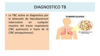 DIAGNOSTICO TB
• La TBC activa se diagnostica por
la detección de Mycobacterium
tuberculosis en cualquier
muestra del tracto respiratorio
(TBC pulmonar) o fuera de él
(TBC extrapulmonar).
 