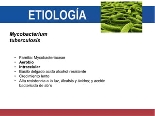 ETIOLOGÍA
Mycobacterium
tuberculosis
• Familia: Mycobacteriaceae
• Aerobio
• Intracelular
• Bacilo delgado acido alcohol resistente
• Crecimiento lento
• Alta resistencia a la luz, álcalsis y ácidos; y acción
bactericida de ab´s
 