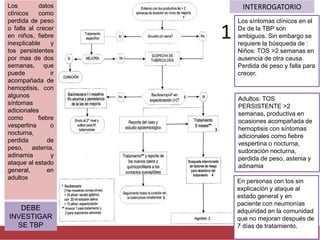 INTERROGATORIO
Los síntomas clínicos en el
Dx de la TBP son
ambiguos. Sin embargo se
requiere la búsqueda de :
Niños: TOS >2 semanas en
ausencia de otra causa.
Perdida de peso y falla para
crecer.
Adultos: TOS
PERSISTENTE >2
semanas, productiva en
ocasiones acompañada de
hemoptisis con síntomas
adicionales como fiebre
vespertina o nocturna,
sudoración nocturna,
perdida de peso, astenia y
adinamia
1
Los datos
clínicos como
perdida de peso
o falla al crecer
en niños, fiebre
inexplicable y
tos persistentes
por mas de dos
semanas, que
puede ir
acompañada de
hemoptisis, con
algunos
síntomas
adicionales
como fiebre
vespertina o
nocturna,
perdida de
peso, astenia,
adinamia y
ataque al estado
general, en
adultos
DEBE
INVESTIGAR
SE TBP
En personas con tos sin
explicación y ataque al
estado general y en
paciente con neumonías
adquiridad en la comunidad
que no mejoran después de
7 días de tratamiento.
 