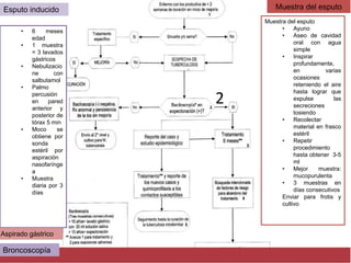 Muestra del esputo
Muestra del esputo
• Ayuno
• Aseo de cavidad
oral con agua
simple
• Inspirar
profundamente,
en varias
ocasiones
reteniendo el aire
hasta lograr que
expulse las
secreciones
tosiendo
• Recolectar
material en frasco
estéril
• Repetir
procedimiento
hasta obtener 3-5
ml
• Mejor muestra:
mucopurulenta
• 3 muestras en
días consecutivos
Enviar para frotis y
cultivo
2
Esputo inducido
• 6 meses
edad
• 1 muestra
= 3 lavados
gástricos
• Nebulizacio
ne con
salbutamol
• Palmo
percusión
en pared
anterior y
posterior de
tórax 5 min
• Moco se
obtiene por
sonda
estéril por
aspiración
nasofarínge
a
• Muestra
diaria por 3
días
Aspirado gástrico
Broncoscopía
 